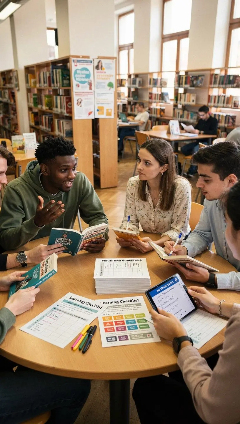 Könyvespolc tele pénzügyi útmutatókkal és önfejlesztő könyvekkel